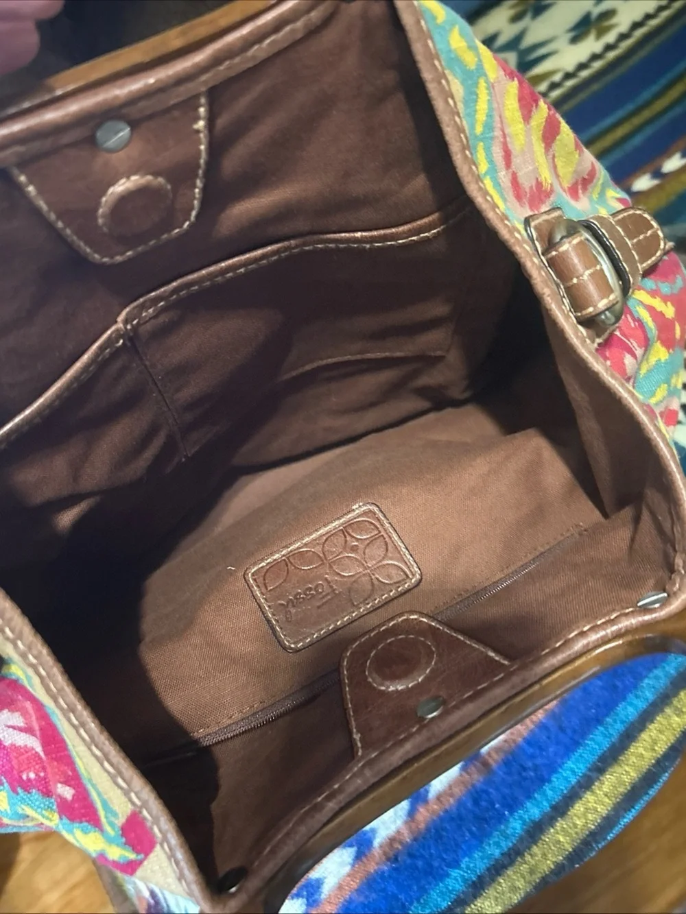Fossil Wooden Handle Floral Canvas & Leather Trim Woven Crossbody Bag Satchel